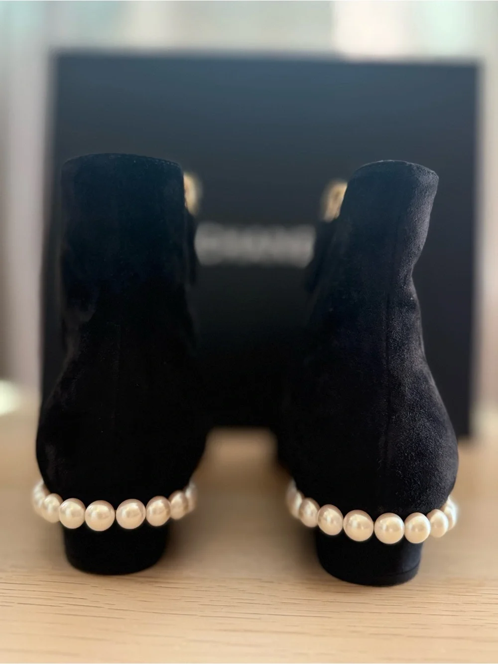 CHANEL Black Suede Pearl Heel Ankle Boots
